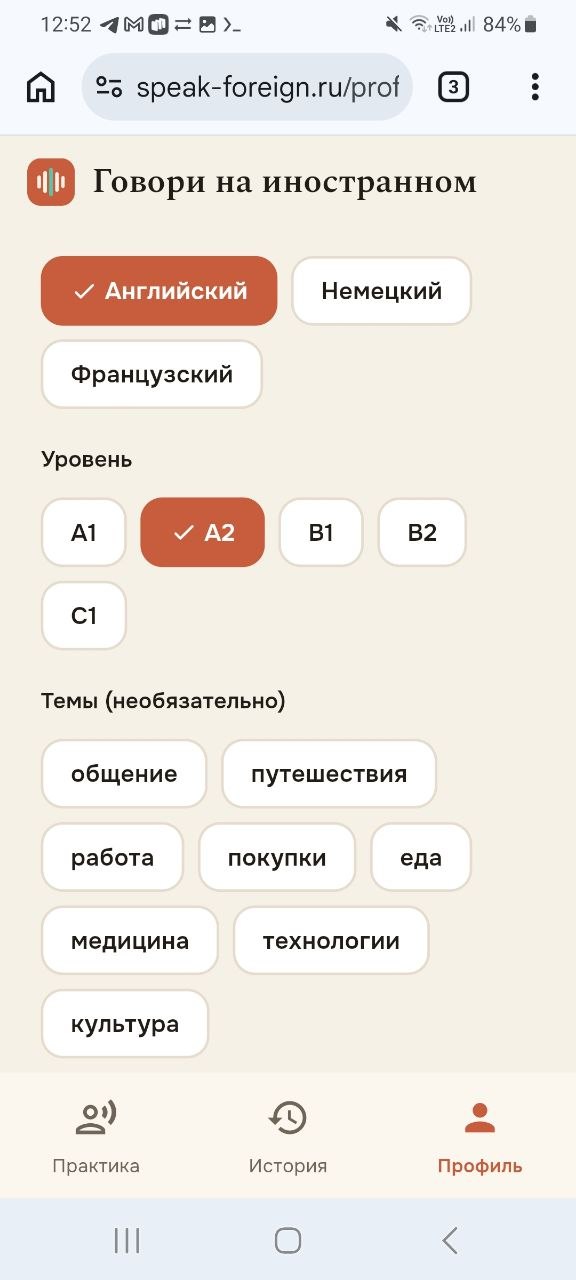 Экран настройки языка, уровня и темы
